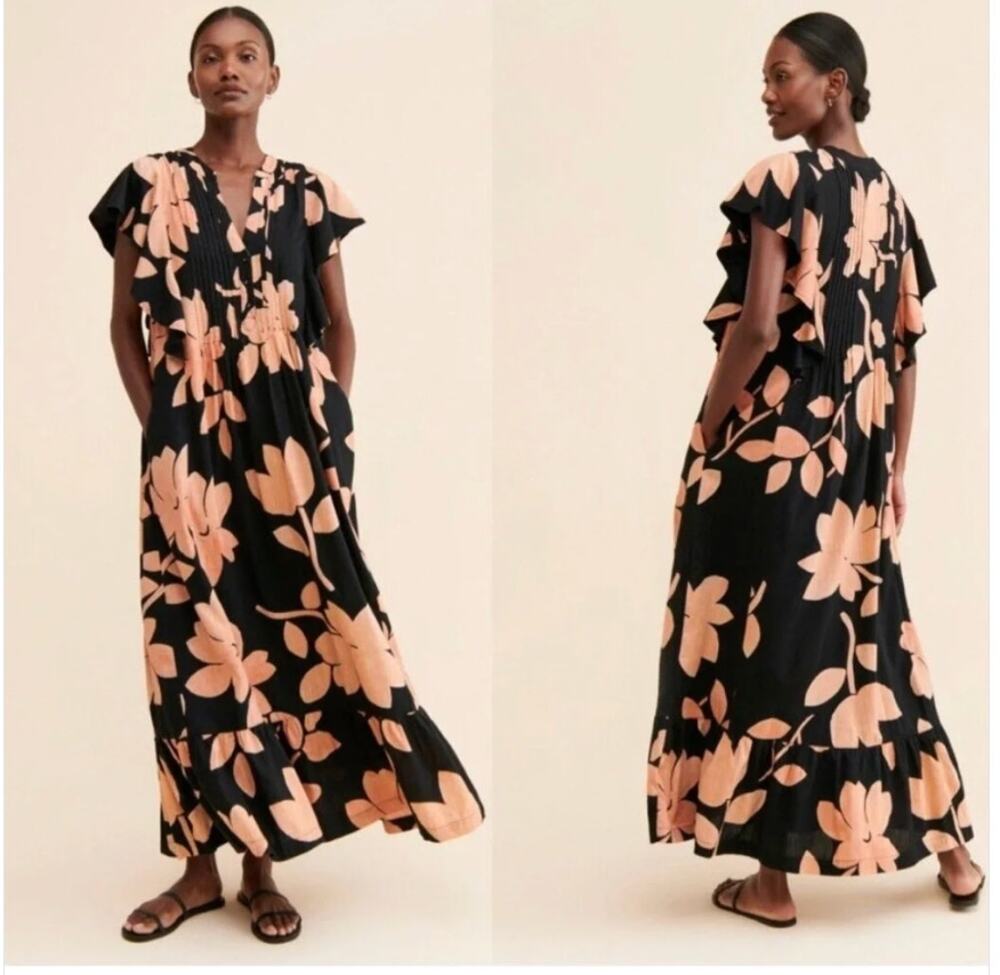 Maeve Anthropologie XS Black Orange Floral Maxi Dress Flutter Sleeve Boho